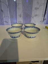 Vtg Chinese Blue & White Porcelain 4 Tea & 7 Dipping Bowls Rice Eye Grain Dragon picture