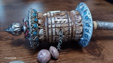7.5 Inch Antique Handheld Silver, Bone, Wood Handle Prayer Wheel picture