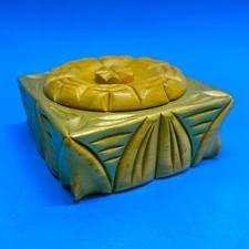 VTG Hand Carved Wooden Trinket Box Ashtray Jewelry Holder Catchall w Lid HP Gold picture