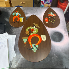 Vintage Lot of 3 Teardrop Painted Wood Mexican Style Wall Plaques Brown picture