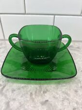 Vtg Anchor Hocking CHARM Open Sugar Bowl w/ saucer, Emerald Forest Green picture
