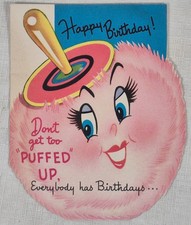 Vintage Anthropomorphic Powder Puff Die Cut Birthday Card 1952 picture