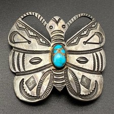 Vintage Navajo Whirling Log Butterfly Turquoise Hand Stampwork Silver Brooch Pin picture