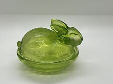 Vintage Green Nesting Bunny Rabbit Glass Covered Candy Trinket Dish Easter picture