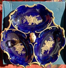 Blue Vintage Three-Section Porcelain Serving Dish with Flowers And Gold Trim picture