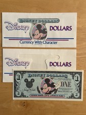 TWO Disney Dollars~1990~ $1 Mickey Mouse Series~w/Envelopes~ very nice picture