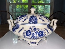 Vintage H. Bequet Jema Holland Delft Soup Tureen, Blue Floral, Handles picture