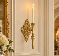 ONE Vintage Gold Iron Taper Candle Wall Sconces Holder Hollywood Regency 10.5” picture