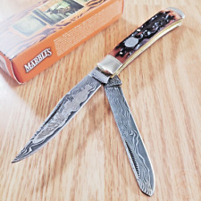 Marbles Trapper Etched Pocket Knife Damascus Steel Blades Stag Bone Handle 267 picture