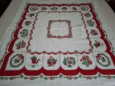 Christmas Themed VTG Tablecloth 45x49 Xmas Wreaths Holly Poinsettia Sleigh picture
