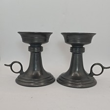 Pair Vtg Norleans Dark Pewter Chamber Pillar Candle Holders Hand Made In Italy picture