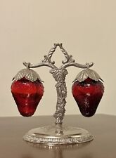 Vintage 1960s Red Glass Hanging Strawberry Salt & Pepper Shakers Metal Stand picture