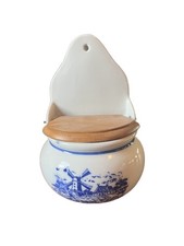 Vintage Delft Style Blue & White Ceramic Wall Mount Salt Box with Hinged Wooden  picture