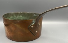 Antique Unmarked Heavy Copper Cooking Pot Long Riveted Handle 7.25” Diameter picture