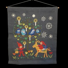 Large Vtg Scandinavian Christmas Hanging Wall Panel Hand Embroidered Linen MCM picture