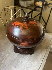 Vintage Mahogany Wood Tea Bowl W/ Lid Hand Painted Inlay Koi Goldfish Signed picture