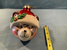 vintage large blown glass teddy bear head with Santa hat Christmas ornament picture