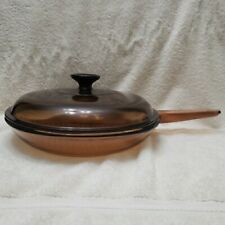 Corning Ware Visions Shallow Skillet Waffle Bottom Amber Glass Pan w/Lid France picture