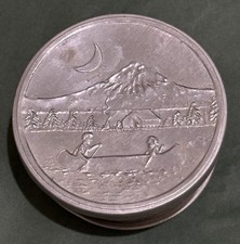 Vintage Collapsible Camping Cup – Canoe & Mountain Engraved Lid – Mid‑Century picture