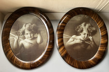 Vtg Faux Tiger Stripe Wood Oval Picture Frame Convex Bubble Glass Pair Set of 2 picture