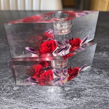 Vintage 70’s Bircraft Red Rose Hand Carved Lucite Acrylic Candleholders 5”x 1.75 picture