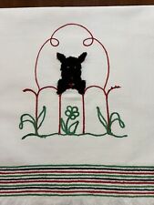 2 Matching Scotty Dog Towels Embroidered Pup Stripes Flowers Fringed Edges picture