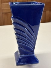 Vintage McCoy Pottery 9.25” Dark Blue Square Ribbed  Vase -NICE Condition. picture