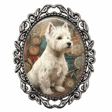 West Highland Terrier Dog Retro Boho Style Pin Silver Brooch Glass Dog Mom Gift picture