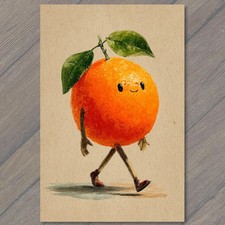 POSTCARD Cute Orange Fruit Character Walking Leaves Paper Texture Whimsical picture