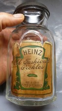 H.J.HEINZ FOOD BOTTLE-Old Fashioned Pickles-#381-Embossed-Labels-Lid-1920s picture