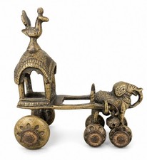Vintage Indian Brass Elephant Temple Chariot Rath Cart Sculpture on Wheels picture