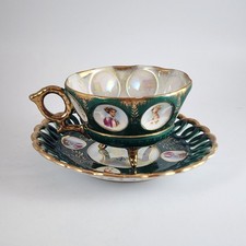 Vintage Royal Sealy Cameo Lady Green & Gold 3 Footed Teacup & Saucer picture