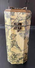 Vintage Wooden Toile Pattern Metal Handle Clasp Hinge Wine Box Carrier Gift picture