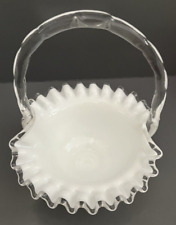 Fenton White Milk Glass Basket Clear Candy Ribbon Ruffle Edge Bamboo Handle VTG picture