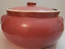 Vintage UHL Co. Pottery Indiana Burgundy/Pink Bean Pot Lidded w/Handles picture