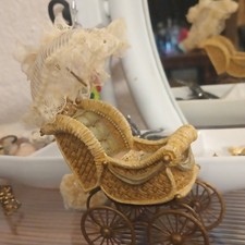 Miniature Vintage-Style Baby Carriage Stroller w/ Lace Canopy Brown Beige picture