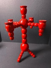 Vintage Swedish Red Painted Wood Four-Arm Candleholder Circa 1966 picture