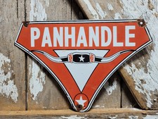 VINTAGE PANHANDLE GASOLINE PORCELAIN SIGN OLD TEXAS OIL PETROLEUM LONG HORN COW picture