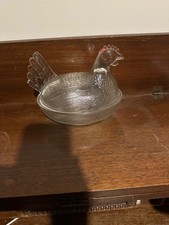 Vintage Indiana Hen on Nest Textured Clear Glass Covered Dish Red Paint Flaw picture