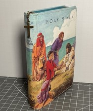 Vintage 1987 Holy Bible Zipper Closure Childrens Jesus Loaves Fishes Cross Pull picture