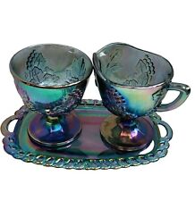 Indiana Carnival Glass Creamer-Sugar-Tray Set Iridescent Blue Harvest Grapes USA picture