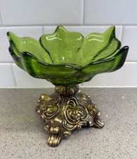 EUC Vintage MCM Hollywood Regency Green Prism Glass Lotus Bowl Brass Pedestal picture