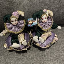 (2) Vintage CLOWN Jester Doll Porcelain Head & Hands Collectible Figurine picture