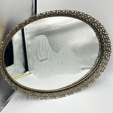 Vintage Hand Etched Brass Mirror Vanity Tray 1988 Dog Shih Tzu Glam picture