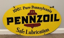 VTG Large 1970 Pennzoil Motor Oil Oval Advertising Sign Double Sided - 31x18 picture