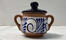 La Mexicana Ceramic Lidded Jar Mexican Folk Art Terracotta Blue White 5.5 Inch picture