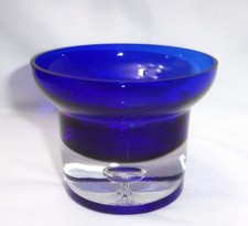 Vintage Krosno Cobalt Blue & Clear Crystal Candle Holder Trapped Bubble Base picture