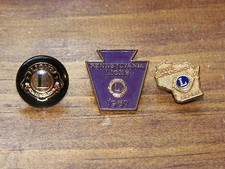 3 - Vintage Lions Club pins, 1967, 59-60 attendance, 1 unknown purple, gold, bl picture