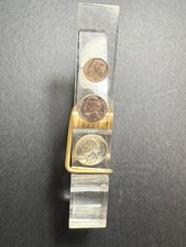 Vintage Clear Acrylic Lucite w Coins Clothespin Retro Style Desk Paper Clip picture