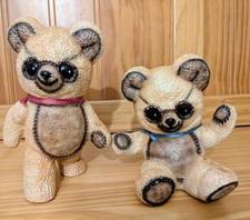 Vintage Laur-Al Crafts Ceramic Teddy Bear Figurines Pair Red Blue Ribbon Set 2 picture